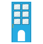 Blue door with six windows and a doggy door cutout, representing custom-installed doggy door options for pet access.