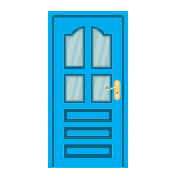 Front door illustration featuring a vibrant blue design with multiple panels and a modern handle, representing Clear Choice Window and Door's installation services to enhance home security and curb appeal.
